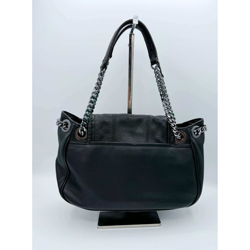 Aimee Kestenberg Black Pebbled Leather Whipstitch Chain‎ Shoulder Bag Gunmetal